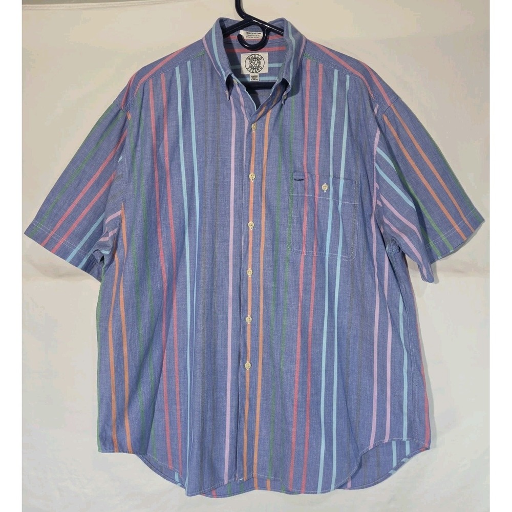 90s World Island Chambray Shirt XL Striped Multi Colored SS Button Down Coastal
